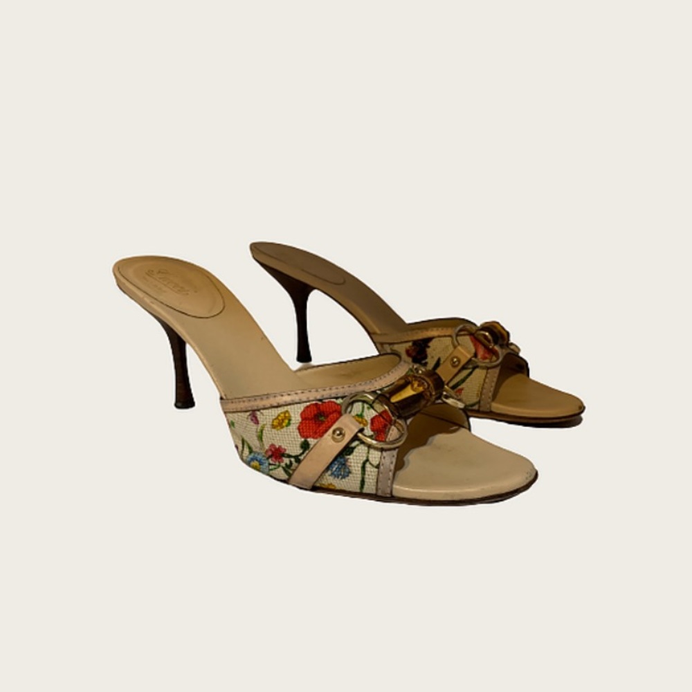 Gucci Floral Canvas Bamboo Horsebit Sandals